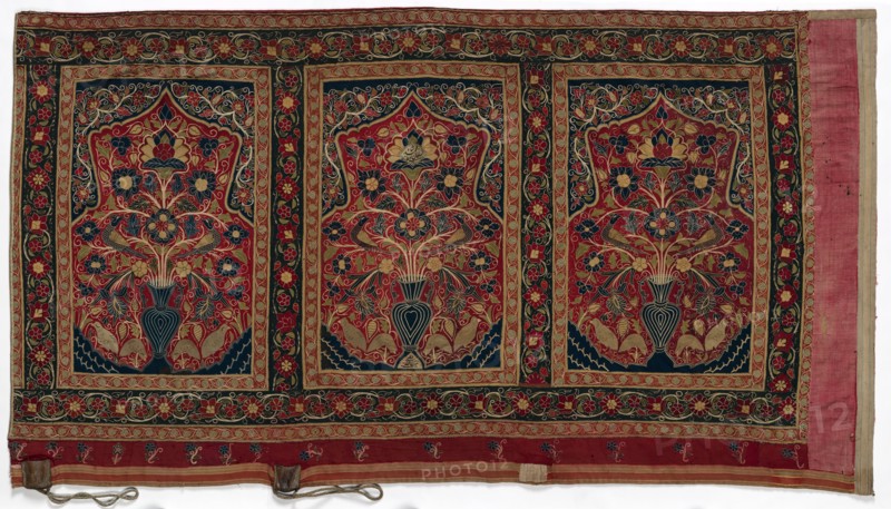Royal Round Tent made for Muhammad Shah (wall panel with three panels A), 1834-1848. Iran, Rasht, Qajar period (1779-1925). Resht work; wool with silk embroidery (chain stitch), rope; overall: 360 x 400 cm (141 3/4 x 157 1/2 in.); panel: 165 cm (64 15/16 in.)