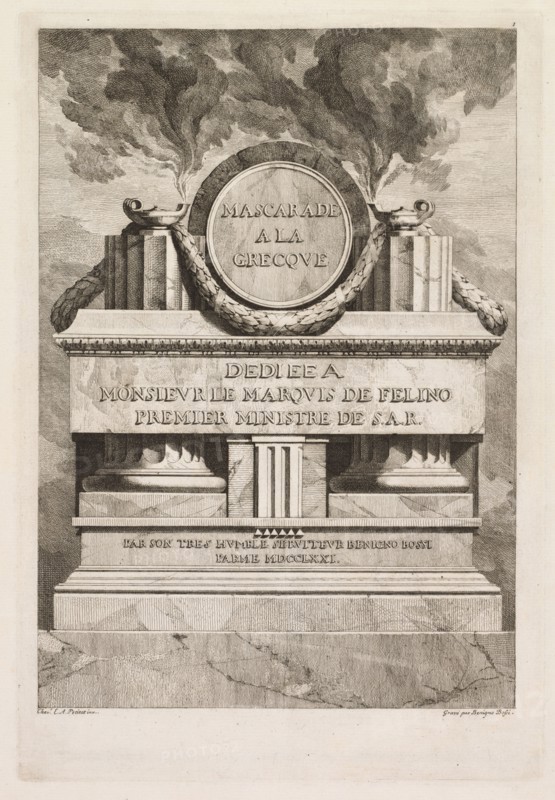 Mascarade à la Grecque: Dedication Page, 1771. Benigno Bossi (Italian, 1727-1792). Etching