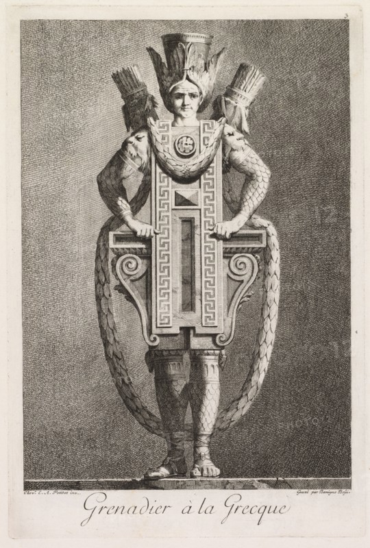 Mascarade à la Grecque: Grenadier à la Grecque (Plate 3), 1771. Benigno Bossi (Italian, 1727-1792). Etching