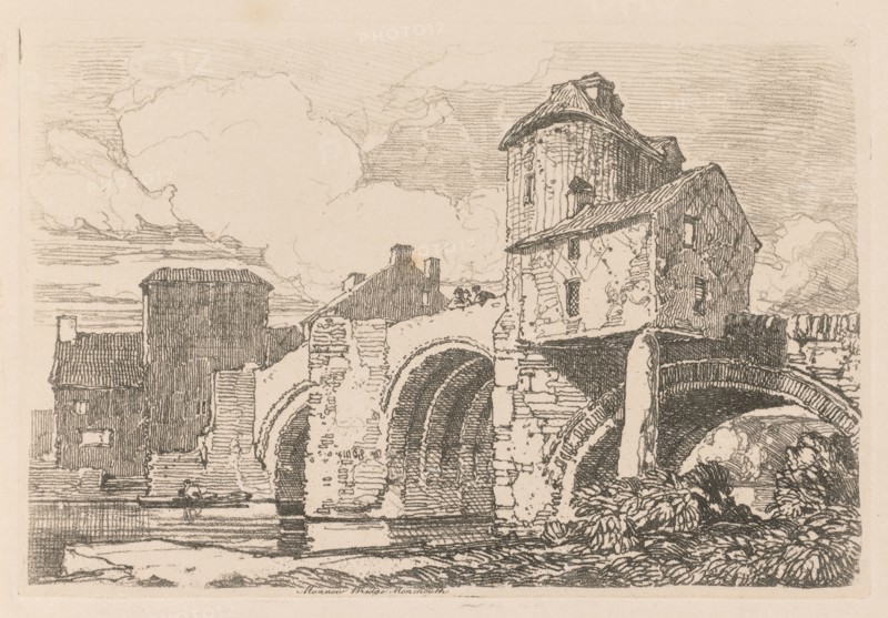 Liber Studiorum: Plate 26, Monnow Bridge, Monmouthshire, 1838. John Sell Cotman (British, 1782-1842). Softground etching, from a bound volume containing 48 plates; sheet: 49.6 x 32 cm (19 1/2 x 12 5/8 in.); platemark: 12.8 x 18.8 cm (5 1/16 x 7 3/8 in.)