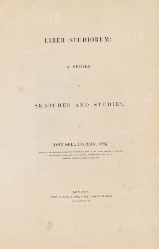 Liber Studiorum: Title Page, 1838. John Sell Cotman (British, 1782-1842). Engraved text on wove paper, from a bound volume containing 48 plates; sheet: 48.6 x 31.9 cm (19 1/8 x 12 9/16 in.).
