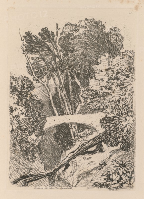 Liber Studiorum: Plate 11: Parson's Bridge, Cardingshire, 1838. John Sell Cotman (British, 1782-1842). Softground etching, from a bound volume containing 48 plates; sheet: 49.6 x 32 cm (19 1/2 x 12 5/8 in.); platemark: 17.6 x 12.5 cm (6 15/16 x 4 15/16 in.)