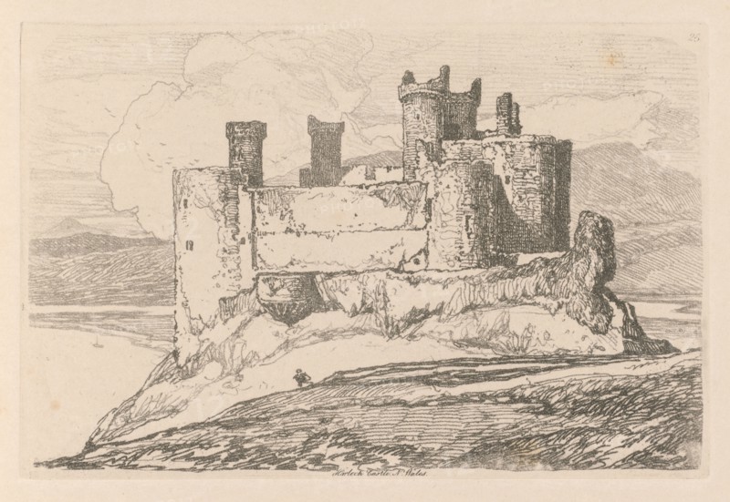 Liber Studiorum: Plate 25, Harlech Castle, N. Wales, 1838. John Sell Cotman (British, 1782-1842). Softground etching, from a bound volume containing 48 plates; sheet: 49.6 x 32 cm (19 1/2 x 12 5/8 in.); platemark: 12.5 x 18.9 cm (4 15/16 x 7 7/16 in.)