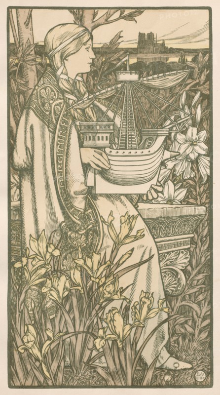 L'Estampe Moderne: Lutèce, 1898. Adolphe Giraldon (French, 1855-1933), Imprimerie Champenois. Color lithograph from bound volume containing 50 lithographs, each with a tissue paper guard; sheet: 40 x 30.3 cm (15 3/4 x 11 15/16 in.); image: 35.8 x 19.2 cm (14 1/8 x 7 9/16 in.)