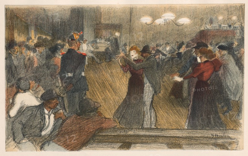 L'Estampe Moderne: Bal de Barrière, 1898. Théophile Alexandre Steinlen (Swiss, 1859-1923), Imprimerie Champenois; print tipped into volume along top edge.. Color lithograph from bound volume containing 50 lithographs, each with a tissue paper guard; sheet: 40.1 x 30.5 cm (15 13/16 x 12 in.); image: 21.1 x 34.6 cm (8 5/16 x 13 5/8 in.)