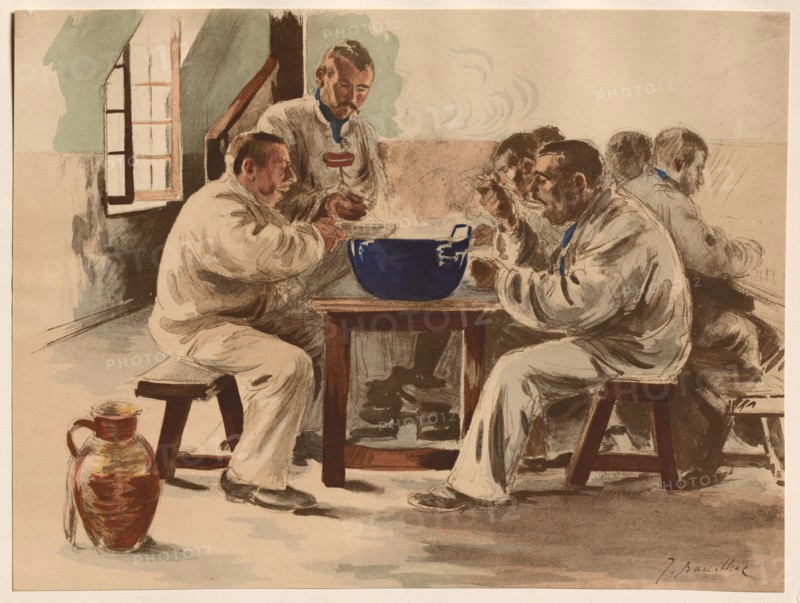 L'Estampe Moderne: La Soupe à la Chambrée, 1899. Jacques Baseilhac (French, 1874-1903), Imprimerie Champenois. Color lithograph from bound volume containing 50 lithographs, each with a tissue paper guard; sheet: 40.2 x 30.4 cm (15 13/16 x 11 15/16 in.); image: 24.5 x 32.6 cm (9 5/8 x 12 13/16 in.)