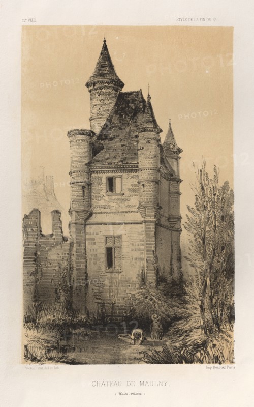 Architecture Pittoresque ou Monuments des xveme. Et xvieme. Siecles: Chateaux De France des XV et XVI Siecles: Pl.11, Chateau De Maulny (Haute-Marne), 1860. Victor Petit (French, 1817-1874), Charles Boivin (publisher and editor); Lith de Godard a Paris (printer). Lithograph with tint stone, from portfolio of 100 lithographs with tint stone; sheet: 36 x 27.3 cm (14 3/16 x 10 3/4 in.); image: 23 x 14.4 cm (9 1/16 x 5 11/16 in.).