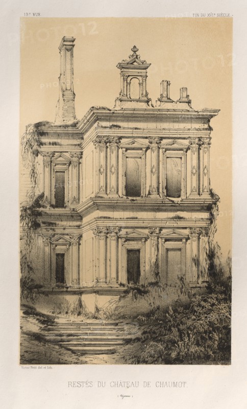 Architecture Pittoresque ou Monuments des xveme. Et xvieme. Siecles: Chateaux De France des XV et XVI Siecles: Pl. 19, Restes Du Chateau De Chaumot (Yonne), 1860. Victor Petit (French, 1817-1874), Charles Boivin (publisher and editor); Lith de Godard a Paris (printer). Lithograph with tint stone, from portfolio of 100 lithographs with tint stone; sheet: 35.8 x 27.5 cm (14 1/8 x 10 13/16 in.); image: 23 x 14 cm (9 1/16 x 5 1/2 in.).