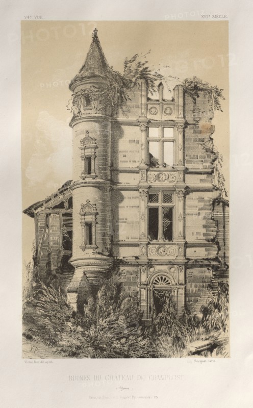 Architecture Pittoresque ou Monuments des xveme. Et xvieme. Siecles: Chateaux De France des XV et XVI Siecles: Pl. 24, Ruines Du Chateau De Champlost (Yonne), published 1860. Victor Petit (French, 1817-1874), Charles Boivin (publisher and editor); Lith de Godard a Paris (printer). Lithograph with tint stone, from portfolio of 100 lithographs with tint stone; sheet: 36 x 27.5 cm (14 3/16 x 10 13/16 in.); image: 23 x 14 cm (9 1/16 x 5 1/2 in.).