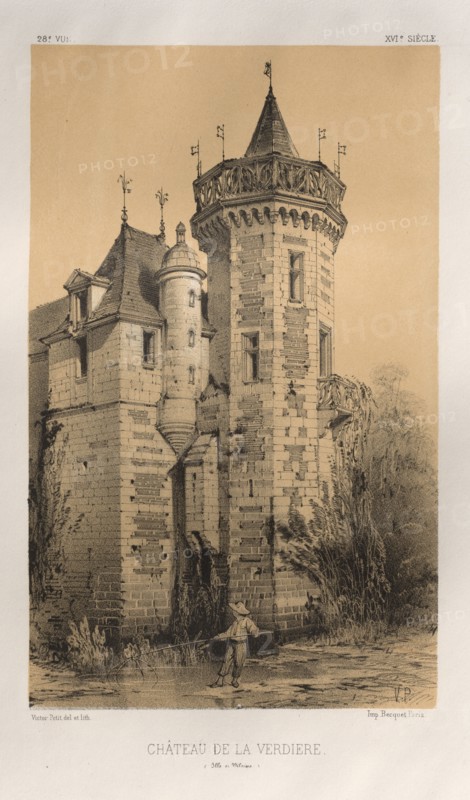 Architecture Pittoresque ou Monuments des xveme. Et xvieme. Siecles: Chateaux De France des XV et XVI Siecles: Pl. 28, Chateau De La Verdiere (Ille en Vilaine), published 1860. Victor Petit (French, 1817-1874), Charles Boivin (publisher and editor); Lith de Godard a Paris (printer). Lithograph with tint stone, from portfolio of 100 lithographs with tint stone; sheet: 36 x 27.5 cm (14 3/16 x 10 13/16 in.); image: 23 x 14 cm (9 1/16 x 5 1/2 in.).