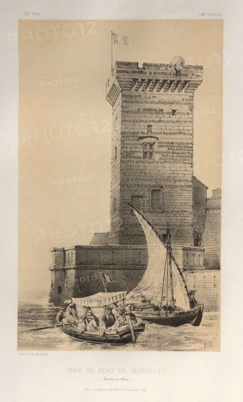 Architecture Pittoresque ou Monuments des xveme. Et xvieme. Siecles: Chateaux De France des XV et XVI Siecles: Pl. 34, Tour Du Port De Marseille (Bouches Du Rhône), 1860. Victor Petit (French, 1817-1874), Charles Boivin (publisher and editor); Lith de Godard a Paris (printer). Lithograph with tint stone, from portfolio of 100 lithographs with tint stone; sheet: 35.9 x 27.3 cm (14 1/8 x 10 3/4 in.); image: 22.7 x 14 cm (8 15/16 x 5 1/2 in.).