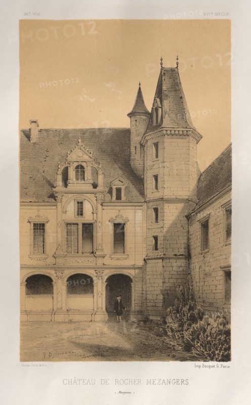Architecture Pittoresque ou Monuments des xveme. Et xvieme. Siecles: Chateaux De France des XV et XVI Siecles: Pl. 36, Château De Rocher Mezangers (Mayenne), 1860. Victor Petit (French, 1817-1874), Charles Boivin (publisher and editor); Lith de Godard a Paris (printer). Lithograph with tint stone, from portfolio of 100 lithographs with tint stone; sheet: 36.1 x 27.4 cm (14 3/16 x 10 13/16 in.); image: 22.8 x 14.1 cm (9 x 5 9/16 in.).