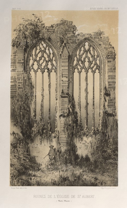 Architecture Pittoresque ou Monuments des xveme. Et xvieme. Siecles: Chateaux De France des XV et XVI Siecles: Pl. 38, Ruines De L'Église De St. Aubert (Haute-Marne), 1860. Victor Petit (French, 1817-1874), Charles Boivin (publisher and editor); Lith de Godard a Paris (printer). Lithograph with tint stone, from portfolio of 100 lithographs with tint stone; sheet: 35.8 x 27.5 cm (14 1/8 x 10 13/16 in.); image: 23 x 14 cm (9 1/16 x 5 1/2 in.).