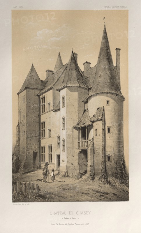 Architecture Pittoresque ou Monuments des xveme. Et xvieme. Siecles: Chateaux De France des XV et XVI Siecles: Pl. 45 Château De Chassy (Saône et Loire), 1860. Victor Petit (French, 1817-1874), Charles Boivin (publisher and editor); Lith de Godard a Paris (printer). Lithograph with tint stone, from portfolio of 100 lithographs with tint stone; sheet: 35.5 x 27.3 cm (14 x 10 3/4 in.); image: 22.8 x 13.8 cm (9 x 5 7/16 in.)