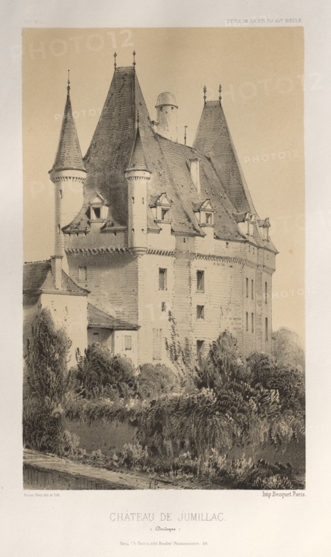 Architecture Pittoresque ou Monuments des XVeme. Et XVIeme. Siecles: Chateaux de France des XV et XVI Siecles: Pl. 51, Château De Jumillac (Dordogne), 1860. Victor Petit (French, 1817-1874), Charles Boivin (publisher and editor); Lith de Godard a Paris (printer). Lithograph with tint stone, from portfolio of 100 lithographs with tint stone; sheet: 35.9 x 27.3 cm (14 1/8 x 10 3/4 in.); image: 22.9 x 14 cm (9 x 5 1/2 in.).