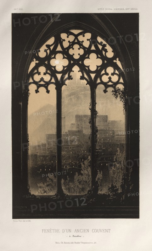 Architecture Pittoresque ou Monuments des XVeme. Et XVIeme. Siecles: Chateaux de France des XV et XVI Siecles: Pl. 54, Fenêtre D'un Ancien Couvent (à Barcelone), 1860. Victor Petit (French, 1817-1874), Charles Boivin (publisher and editor); Lith de Godard a Paris (printer). Lithograph with tint stone, from portfolio of 100 lithographs with tint stone; sheet: 35.9 x 27.3 cm (14 1/8 x 10 3/4 in.); image: 22.8 x 14 cm (9 x 5 1/2 in.).