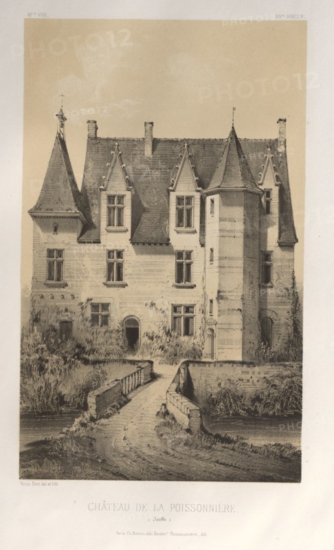 Architecture Pittoresque ou Monuments des XVeme. Et XVIeme. Siecles: Chateaux de France des XV et XVI Siecles: Pl. 57, Château De La Poissonnière (Sarthe), 1860. Victor Petit (French, 1817-1874), Charles Boivin (publisher and editor); Lith de Godard a Paris (printer). Lithograph with tint stone, from portfolio of 100 lithographs with tint stone; sheet: 35.6 x 27.4 cm (14 x 10 13/16 in.); image: 23 x 14.1 cm (9 1/16 x 5 9/16 in.).