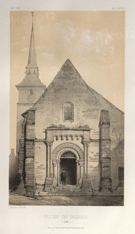 Architecture Pittoresque ou Monuments des XVeme. Et XVIeme. Siecles: Chateaux de France des XV et XVI Siecles: Pl. 58, Église De Requeil (Sarthe), 1860. Victor Petit (French, 1817-1874), Charles Boivin (publisher and editor); Lith de Godard a Paris (printer). Lithograph with tint stone, from portfolio of 100 lithographs with tint stone; sheet: 35.7 x 27.3 cm (14 1/16 x 10 3/4 in.); image: 23.6 x 13.9 cm (9 5/16 x 5 1/2 in.)