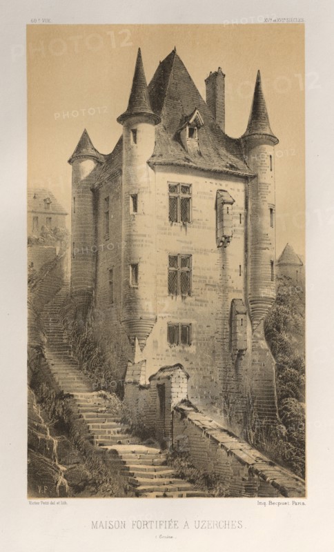 Architecture Pittoresque ou Monuments des XVeme. Et XVIeme. Siecles: Chateaux de France des XV et XVI Siecles: Pl. 60, Maison Fortifiée À Uzerches (Corrère), 1860. Victor Petit (French, 1817-1874), Charles Boivin (publisher and editor); Lith de Godard a Paris (printer). Lithograph with tint stone, from portfolio of 100 lithographs with tint stone; sheet: 36.1 x 27.3 cm (14 3/16 x 10 3/4 in.); image: 23.9 x 14 cm (9 7/16 x 5 1/2 in.)