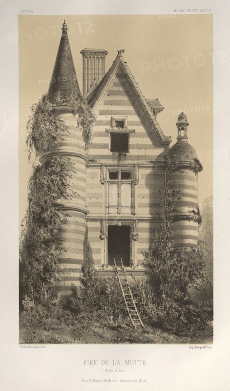 Architecture Pittoresque ou Monuments des XVeme. Et XVIeme. Siecles: Chateaux de France des XV et XVI Siecles: Pl. 72, Fief De La Motte (Saône et Loire), 1860. Victor Petit (French, 1817-1874), Charles Boivin (publisher and editor); Lith de Godard a Paris (printer). Lithograph with tint stone, from portfolio of 100 lithographs with tint stone; sheet: 35.9 x 27.5 cm (14 1/8 x 10 13/16 in.); image: 23.8 x 14 cm (9 3/8 x 5 1/2 in.).