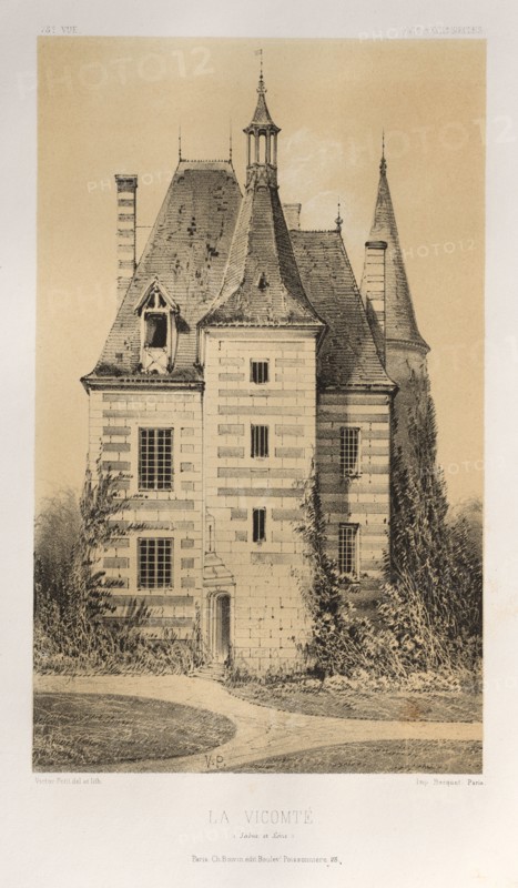 Architecture Pittoresque ou Monuments des XVeme. Et XVIeme. Siecles: Chateaux de France des XV et XVI Siecles: Pl. 75, La Vicomté (Saône et Loire), 1860. Victor Petit (French, 1817-1874), Charles Boivin (publisher and editor); Lith de Godard a Paris (printer). Lithograph with tint stone, from portfolio of 100 lithographs with tint stone; sheet: 35.9 x 27.7 cm (14 1/8 x 10 7/8 in.); image: 23 x 14 cm (9 1/16 x 5 1/2 in.).