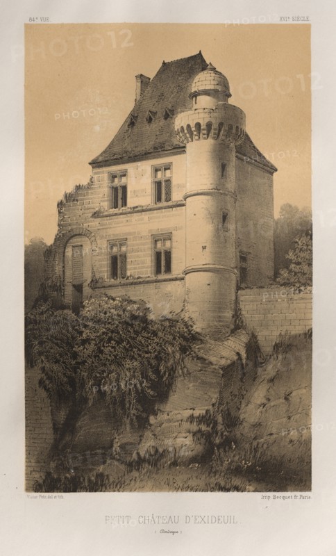 Architecture Pittoresque ou Monuments des XVeme. Et XVIeme. Siecles: Chateaux de France des XV et XVI Siecles: Pl. 84, Petit Château d'Exideuil (Dordogne), 1860. Victor Petit (French, 1817-1874), Charles Boivin (publisher and editor); Lith de Godard a Paris (printer). Lithograph with tint stone, from portfolio of 100 lithographs with tint stone; sheet: 35.6 x 27.5 cm (14 x 10 13/16 in.); image: 22.9 x 14 cm (9 x 5 1/2 in.).