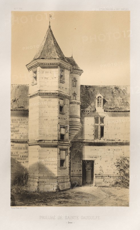 Architecture Pittoresque ou Monuments des XVeme. Et XVIeme. Siecles: Chateaux de France des XV et XVI Siecles: Pl. 87, Prieuré de Sainte Gaudulfe (Eure), 1860. Victor Petit (French, 1817-1874), Charles Boivin (publisher and editor); Lith de Godard a Paris (printer). Lithograph with tint stone, from portfolio of 100 lithographs with tint stone; sheet: 35.8 x 27.8 cm (14 1/8 x 10 15/16 in.); image: 23 x 14.1 cm (9 1/16 x 5 9/16 in.)