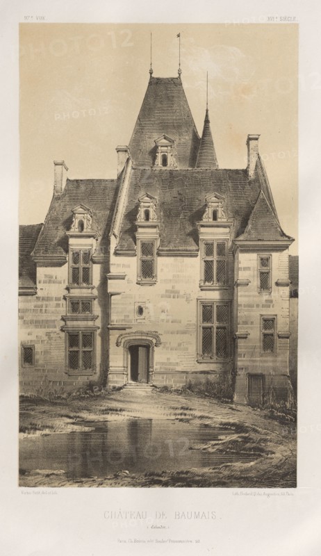 Architecture Pittoresque ou Monuments des XVeme. Et XVIeme. Siecles: Chateaux de France des XV et XVI Siecles: Pl. 97, Château de Baumais (Calvados), 1860. Victor Petit (French, 1817-1874), Charles Boivin (publisher and editor); Lith de Godard a Paris (printer). Lithograph with tint stone, from portfolio of 100 lithographs with tint stone; sheet: 35.9 x 27.4 cm (14 1/8 x 10 13/16 in.); image: 23.3 x 14 cm (9 3/16 x 5 1/2 in.).