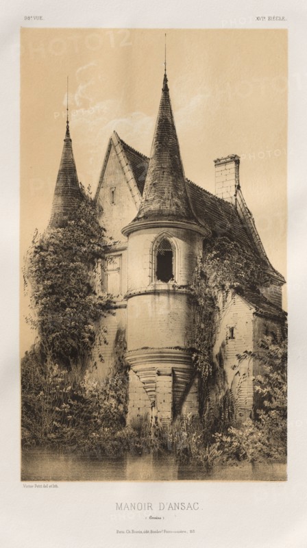 Architecture Pittoresque ou Monuments des XVeme. Et XVIeme. Siecles: Chateaux de France des XV et XVI Siecles: Pl. 98, Manoir d'Ansac (Corrèze), 1860. Victor Petit (French, 1817-1874), Charles Boivin (publisher and editor); Lith de Godard a Paris (printer). Lithograph with tint stone, from portfolio of 100 lithographs with tint stone; sheet: 35.7 x 27.3 cm (14 1/16 x 10 3/4 in.); image: 23.8 x 14 cm (9 3/8 x 5 1/2 in.)