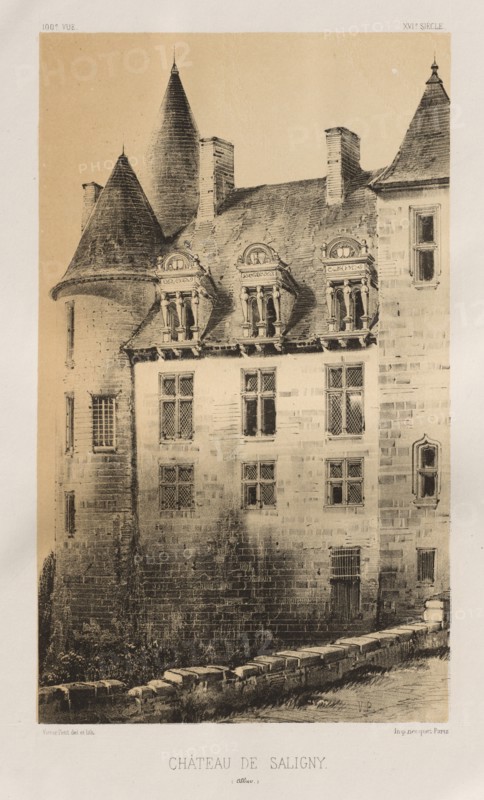 Architecture Pittoresque ou Monuments des XVeme. Et XVIeme. Siecles: Chateaux de France des XV et XVI Siecles: Pl.100, Château de Saligny (Alliers), 1860. Victor Petit (French, 1817-1874), Charles Boivin (publisher and editor); Lith de Godard a Paris (printer). Lithograph with tint stone, from portfolio of 100 lithographs with tint stone; sheet: 35.8 x 27.6 cm (14 1/8 x 10 7/8 in.); image: 23.5 x 14 cm (9 1/4 x 5 1/2 in.)