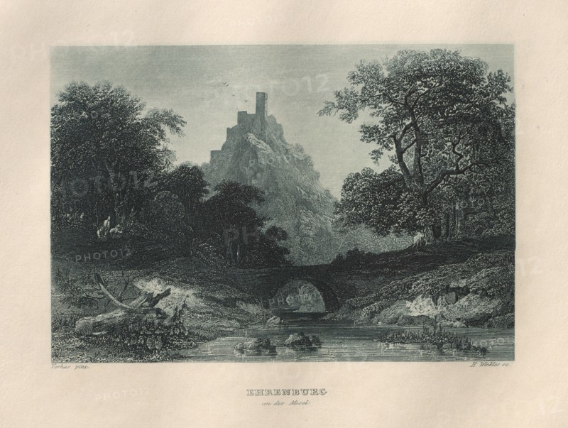 Das Malerische und Romantische Rheinland: Ehrenburg an der Mosel, 1928. Henry Winkles (British, 1801-1900), after Theodor Verhas (German, 1811-1872), Kurt Schroeder. Etching in blue; sheet: 24.1 x 32.8 cm (9 1/2 x 12 15/16 in.); platemark: 16.2 x 24.2 cm (6 3/8 x 9 1/2 in.)