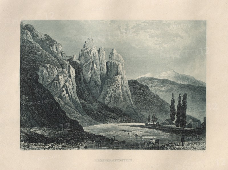 Das Malerische und Romantische Rheinland: Rheingrafenstein, 1928. After Carl Ludwig Frommel (German, 1789-1863), Henry Winkles (British, 1801-1900), Kurt Schroeder. Etching in blue; sheet: 24.2 x 32.6 cm (9 1/2 x 12 13/16 in.); platemark: 16.6 x 26.9 cm (6 9/16 x 10 9/16 in.)