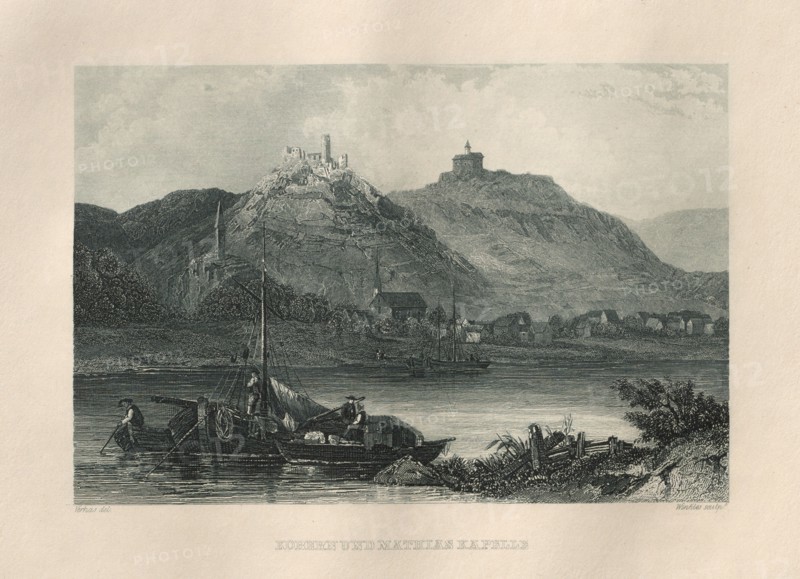 Das Malerische und Romantische Rheinland: Kobern und Mathias Kapelle, 1928. Henry Winkles (British, 1801-1900), after Theodor Verhas (German, 1811-1872), Kurt Schroeder. Etching in blue; sheet: 24.1 x 32.7 cm (9 1/2 x 12 7/8 in.); platemark: 16.3 x 26.2 cm (6 7/16 x 10 5/16 in.)