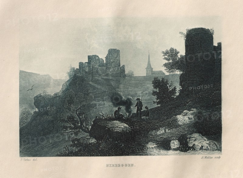 Das Malerische und Romantische Rheinland: Niedeggen, 1928. Henry Winkles (British, 1801-1900), after Theodor Verhas (German, 1811-1872), Kurt Schroeder. Etching in blue; sheet: 24.2 x 32.9 cm (9 1/2 x 12 15/16 in.); platemark: 16.3 x 26 cm (6 7/16 x 10 1/4 in.)