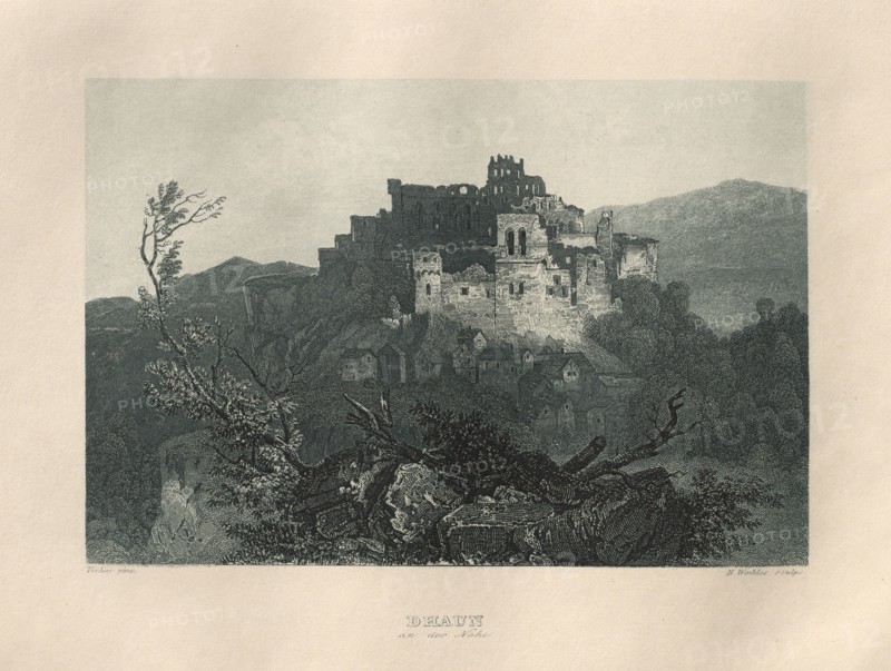 Das Malerische und Romantische Rheinland: Dhaun an der Nahe, 1928. Henry Winkles (British, 1801-1900), after Theodor Verhas (German, 1811-1872), Kurt Schroeder. Etching in blue; sheet: 24 x 32.8 cm (9 7/16 x 12 15/16 in.); platemark: 15.4 x 22 cm (6 1/16 x 8 11/16 in.)