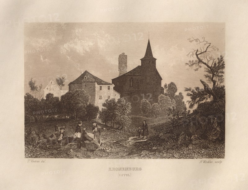 Das Malerische und Romantische Rheinland: Kronenburg (Eiffel), 1928. Henry Winkles (British, 1801-1900), after Theodor Verhas (German, 1811-1872), Kurt Schroeder. Etching in brown; sheet: 24.1 x 32.8 cm (9 1/2 x 12 15/16 in.); platemark: 16.7 x 24.5 cm (6 9/16 x 9 5/8 in.)