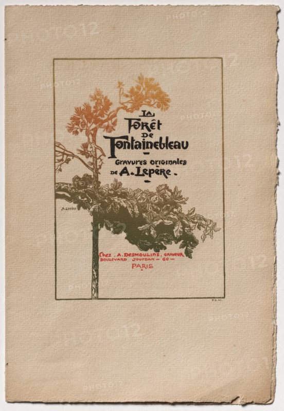 Fontainebleau Forest: Ad for "Fontainebleau Forest" (La Forêt de Fontainebleau), 1890. Auguste Louis Lepère (French, 1849-1918), A. Desmoulins, Published in Revue Illustrée, 1887-90. Pamphlet, color woodcut on cover, related to bound volume with 34 wood engravings; sheet: 26.3 x 36 cm (10 3/8 x 14 3/16 in.).