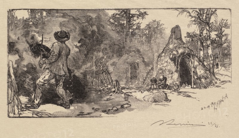 Fontainebleau Forest: Coalmen (La Forêt de Fontainebleau: Les Charbonniers), 1890. Auguste Louis Lepère (French, 1849-1918), A. Desmoulins, Published in Revue Illustrée, 1887-90. Wood engraving from bound volume of 34 ; sheet: 16.7 x 22.1 cm (6 9/16 x 8 11/16 in.); image: 7.7 x 16 cm (3 1/16 x 6 5/16 in.)