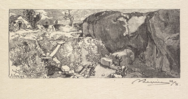Fontainebleau Forest: Sandstone Quarry (La Forêt de Fontainebleau: La Carrièrre de Grès), 1890. Auguste Louis Lepère (French, 1849-1918), A. Desmoulins, Published in Revue Illustrée, 1887-90. Wood engraving from bound volume of 34 ; image: 6.1 x 5.1 cm (2 3/8 x 2 in.)