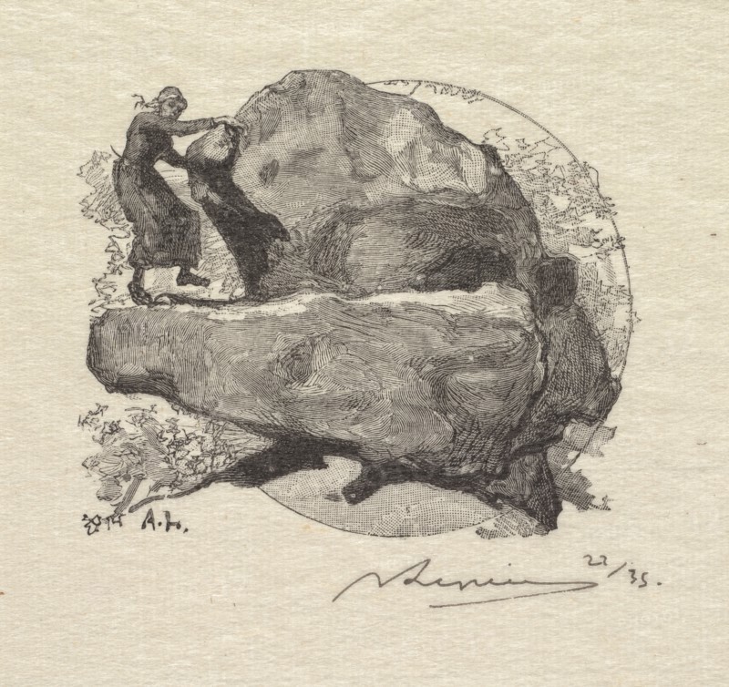Fontainebleau Forest: The Trembling Rock (La Forêt de Fontainebleau: La roche qui tremble), 1890. Auguste Louis Lepère (French, 1849-1918), A. Desmoulins, Published in Revue Illustrée, 1887-90. Wood engraving from bound volume of 34 ; image: 5.5 x 6.5 cm (2 3/16 x 2 9/16 in.)