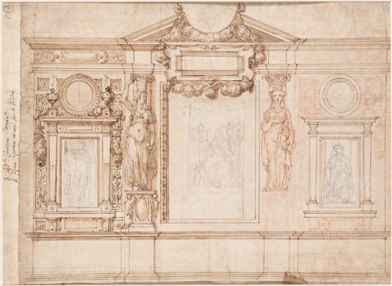 Design for a Wall Decoration with Pasted-in Sketches after Raphael (verso), c. 1580s-90s. Frederico Zuccaro (Italian, 1540/1-1609). Pen and brown ink with brown wash over red chalk and traces of pencil, the three pasted-in compositional sketches in black chalk laid down on an album sheet; sheet: 33.9 x 43.6 cm (13 3/8 x 17 3/16 in.); page: 34.1 x 46 cm (13 7/16 x 18 1/8 in.).