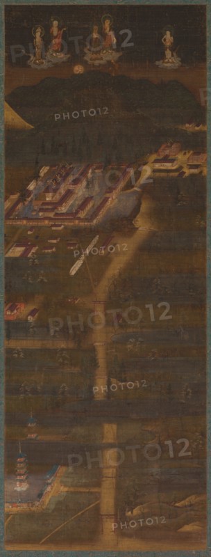 Kasuga Shrine Mandala, 1300-1333. Japan, Kamakura Period  (1185-1333). Hanging scroll; ink, color, and gold on silk ; overall: 193.6 x 58.8 cm (76 1/4 x 23 1/8 in.); painting only: 110 x 40.9 cm (43 5/16 x 16 1/8 in.).