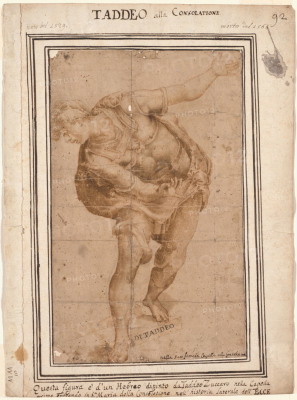 Un Hebreo, from Christ Shown to the People (recto); Design for a Wall Decoration with Pasted-in Sketches after Raphael (verso), after 1556 (recto), c. 1580s-90s (verso). Frederico Zuccaro (Italian, 1540/1-1609), after Taddeo Zuccaro (Italian, 1529-1566). Brown wash with outlining in pen and brown ink and red chalk, with traces of black chalk (recto); Pen and brown ink with brown wash over red chalk and traces of pencil, the three pasted-in compositional sketches in black chalk laid down on an album sheet; sheet: 33.4 x 43.5 cm (13 1/8 x 17 1/8 in.); page: 34.1 x 46 cm (13 7/16 x 18 1/8 in.); sheet 4: 7.9 x 3.9 cm (3 1/8 x 1 9/16 in.); sheet 3: 13.7 x 7.3 cm (5 3/8 x 2 7/8 in.); sheet 1: 7.9 x 3.7 cm (3 1/8 x 1 7/16 in.).