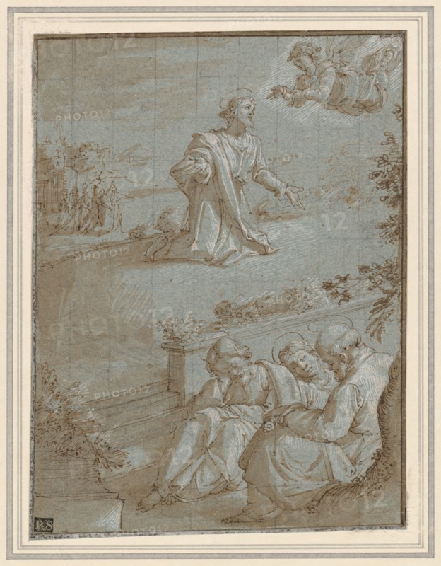 The Agony in the Garden , c. 1591. Santi di Tito (Italian, 1536-1602). Pen and brown ink, brown wash, heightened with white gouache with traces of black chalk on hillside above stairs, squared in black chalk, on blue paper; within brown ink framing lines. Lined with cream wove paper; sheet: 20.2 x 15.1 cm (7 15/16 x 5 15/16 in.).