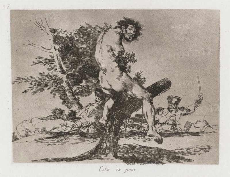 Disasters of War: Pl. 37, This is worse, 1810-1813. Francisco de Goya (Spanish, 1746-1828), Real Academia. Etching and aquatint; sheet: 22.7 x 30.9 cm (8 15/16 x 12 3/16 in.); platemark: 15.7 x 20.2 cm (6 3/16 x 7 15/16 in.)