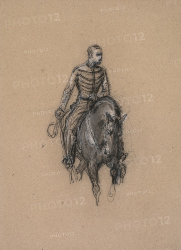 Militaire a cheval (Soldier on Horseback), c. 1860. Isidore Pils (French, 1813/15-1875). Black and white chalk on beige laid paper ; overall: 34.8 x 25.5 cm (13 11/16 x 10 1/16 in.).