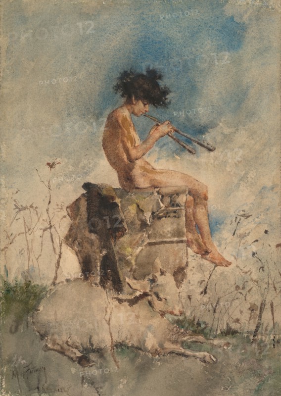The Pipes of Pan, 1865. Mariano Fortuny y Carbó (Spanish, 1838-1874). Watercolor with traces of pen and black ink; border in graphite