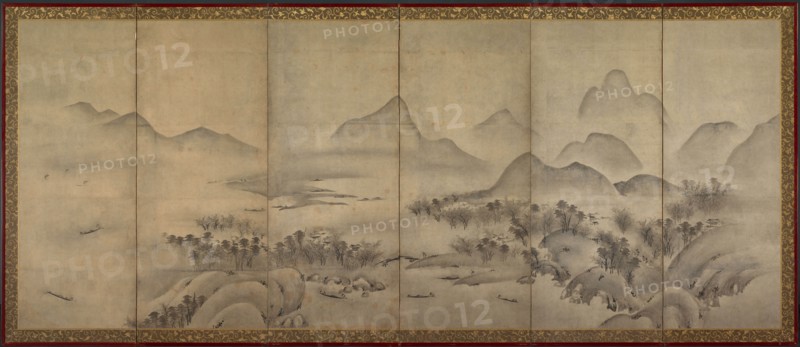 Moonlit Landscape, late 1500s. Japan, Muromachi period (1392-1573). Pair of six-panel folding screens, ink on paper; framed: 155 x 364.2 x 60.6 cm (61 x 143 3/8 x 23 7/8 in.).