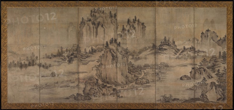 Landscape, second half of the 1500s. Japan, Muromachi period (1392-1573). One of a pair of six-panel folding screens; ink and color on paper; overall: 168.8 x 358.8 cm (66 7/16 x 141 1/4 in.); painting only: 148.9 x 338.3 cm (58 5/8 x 133 3/16 in.).