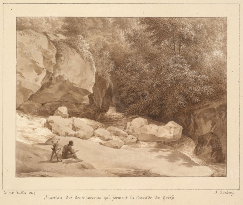 Jonction des deux torrents qui forment la Cascade de Grésy, 1814. Jean-Baptiste Isabey (French, 1767-1855). Brown wash with scraping; borders in black ink; sheet: 20.4 x 25.8 cm (8 1/16 x 10 3/16 in.).